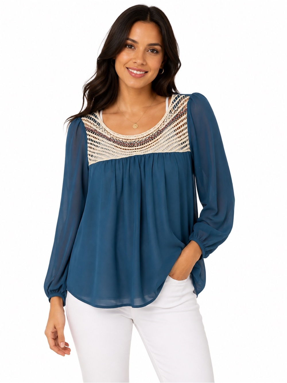 Umgee Teal Sheer Tunic with Cream Crochet Yoke